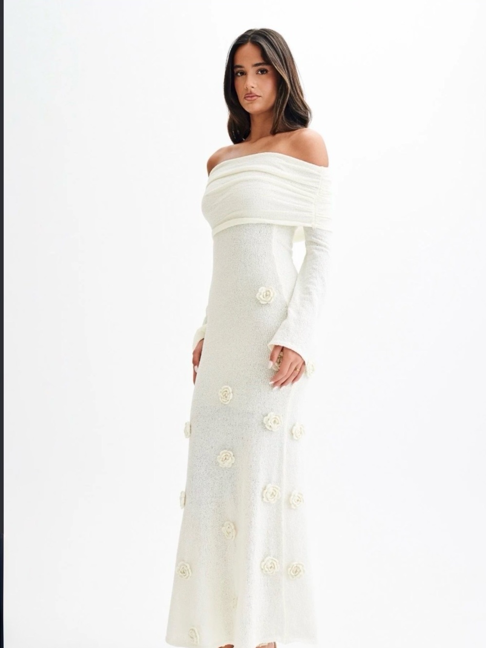 Kiki Meshki Off-Shoulder Cream Floral Appliqué Maxi Dress